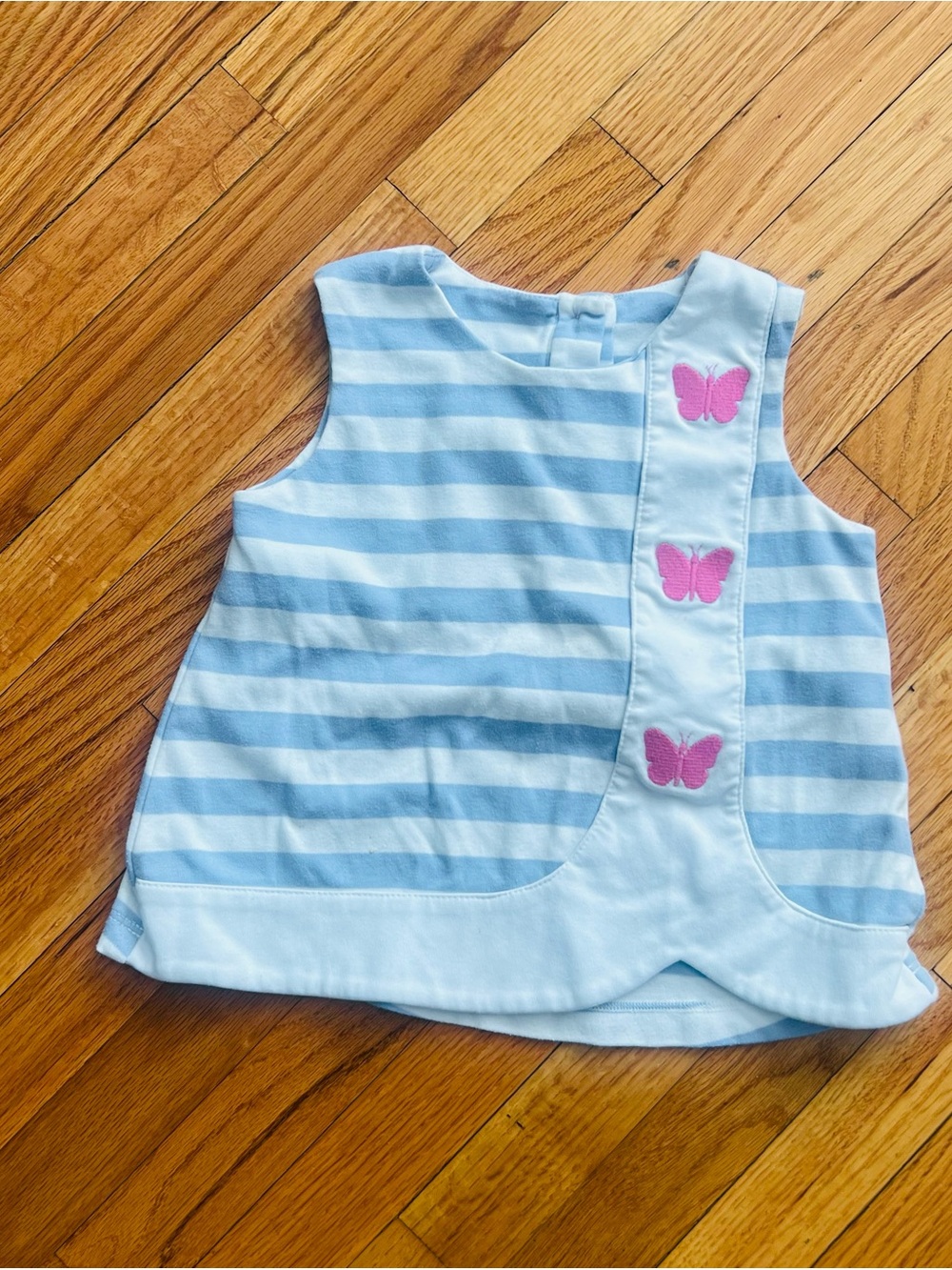Blue & White Striped Baby Top with Pink Butterfly Accents
